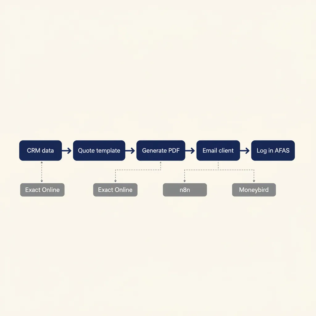 Procesdiagram van geautomatiseerde offertegeneratie: van CRM-data via template en PDF-generatie naar klant-email en AFAS-logging