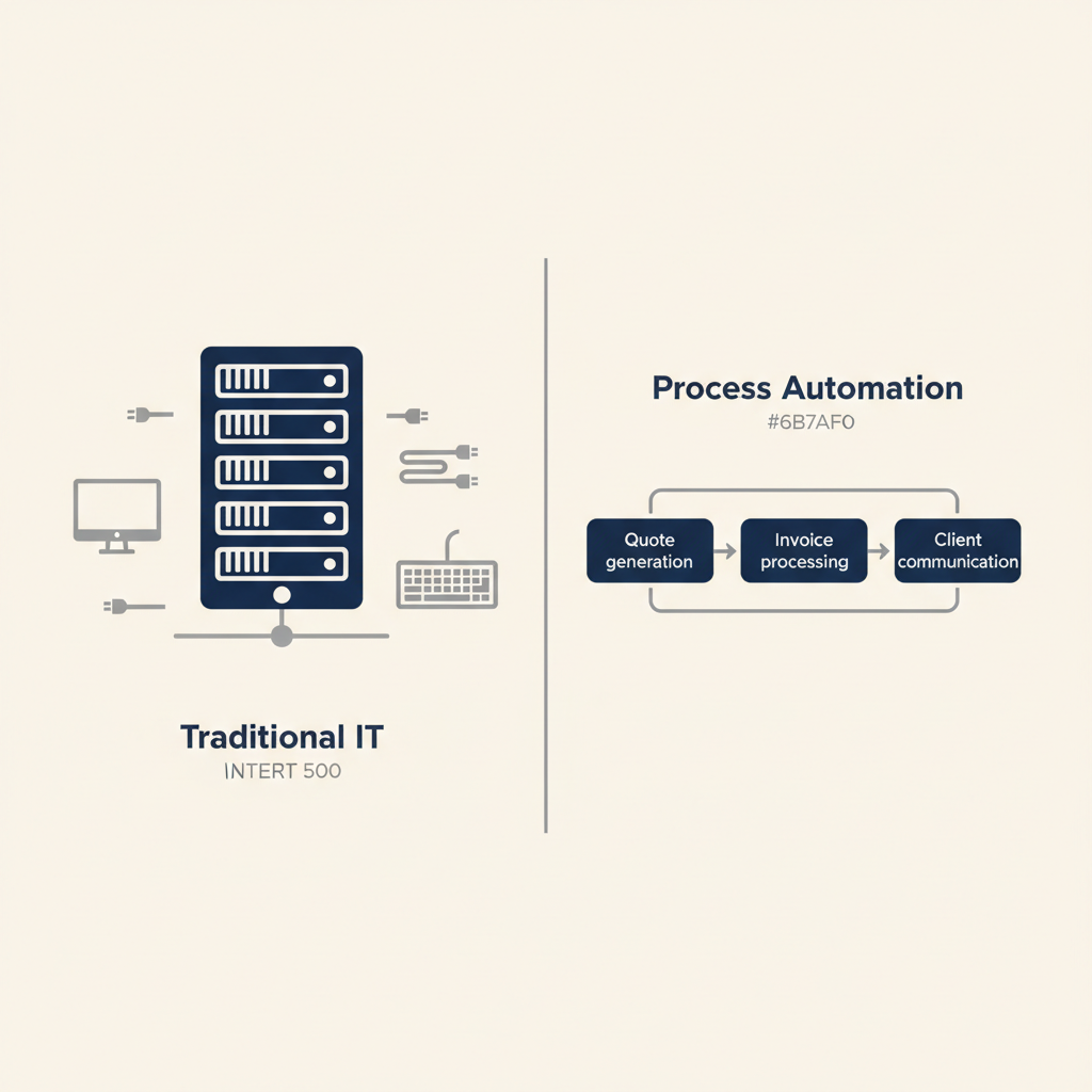 Comparison between traditional IT infrastructure (server rack) and process automation (workflow of quotes, invoices, and client communication)