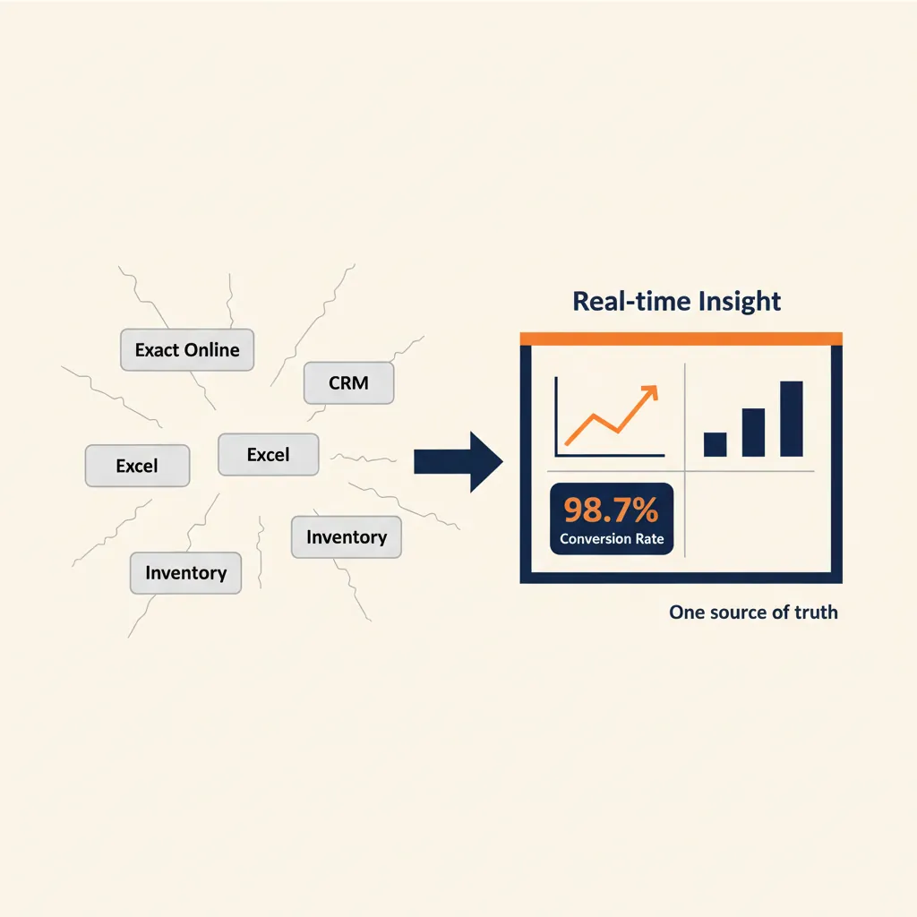 Split-screen illustratie toont links verspreide databronnen (Exact Online, CRM, Excel) en rechts een uniform dashboard met grafieken en metrics