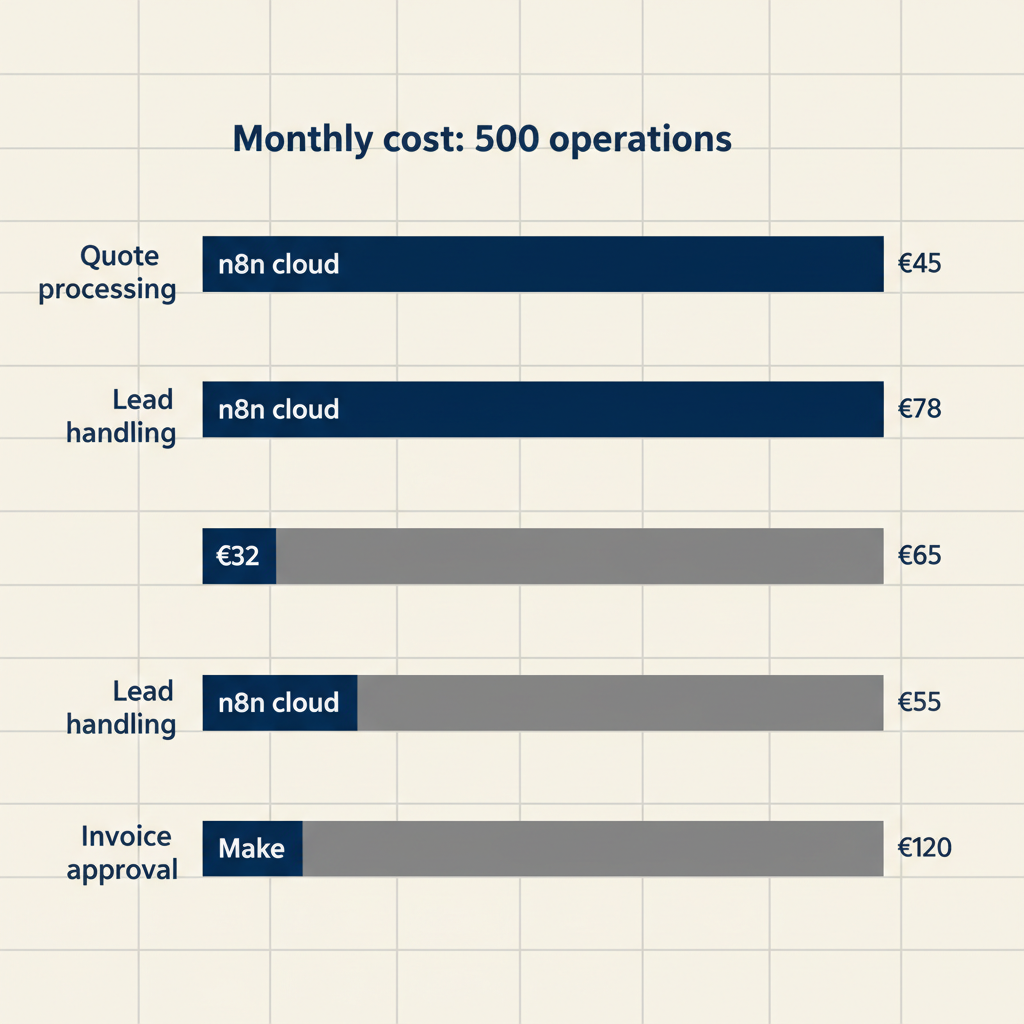 Bar chart showing monthly costs for n8n cloud versus Make across three SME scenarios: quotes, leads, and invoices
