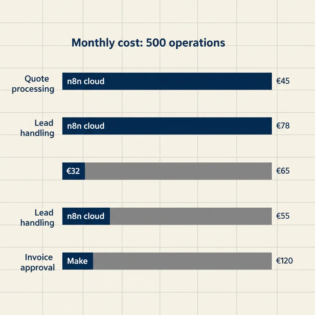 Staafdiagram met maandelijkse kosten voor n8n cloud versus Make bij drie MKB-scenario's: offertes, leads en facturen