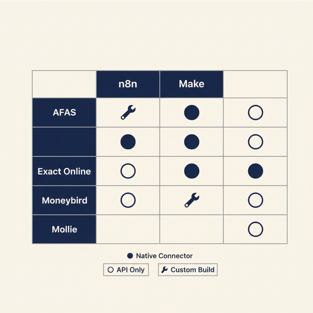 Integration matrix showing Dutch tools (AFAS, Exact Online, Moneybird, Mollie) and connector availability in n8n versus Make