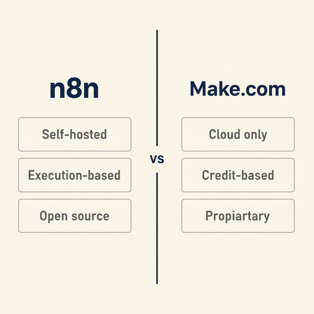 Comparison diagram showing n8n on the left (self-hosted, execution-based, open source) and Make on the right (cloud, credit-based, proprietary)