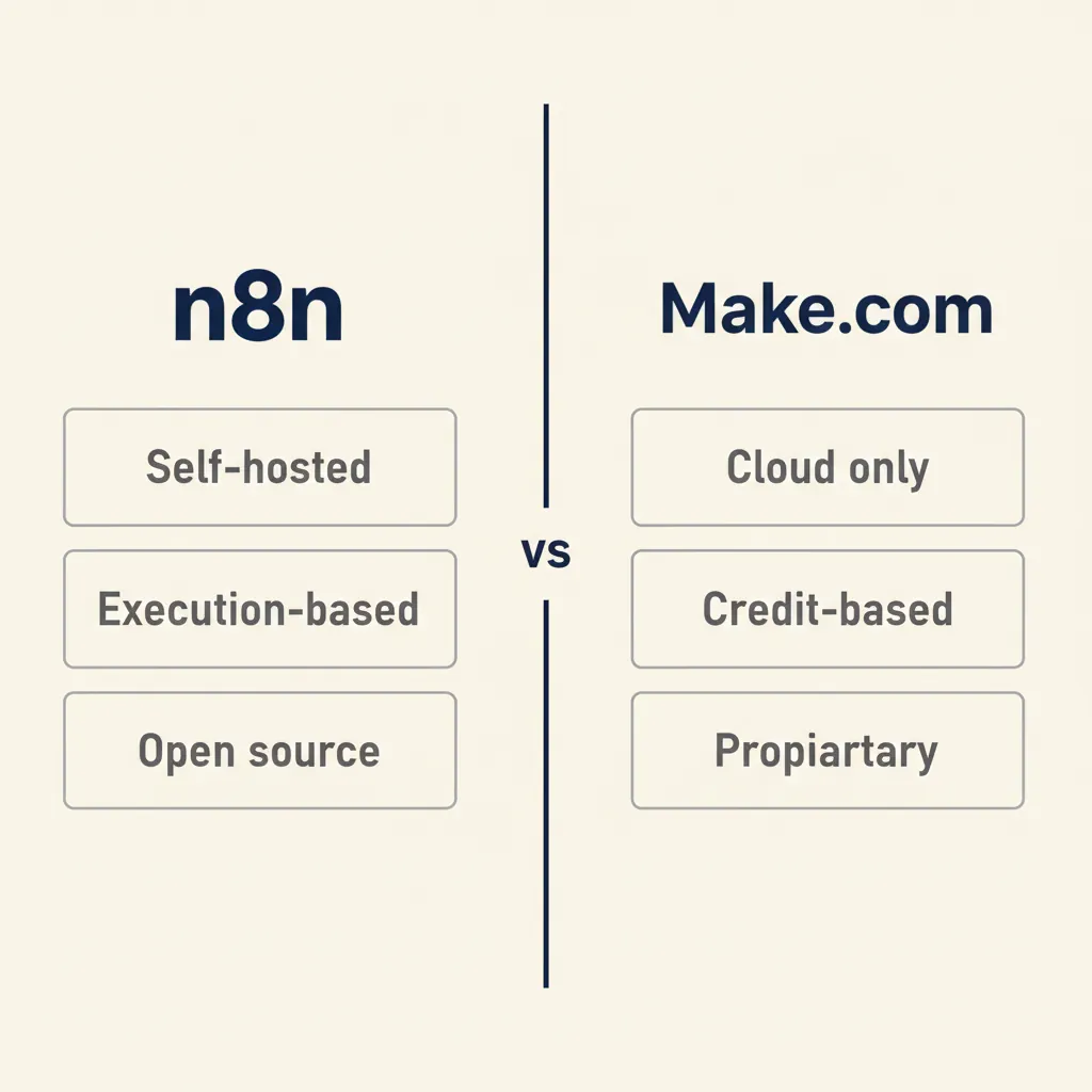 Vergelijkingsdiagram met n8n aan de linkerkant (self-hosted, execution-based, open source) en Make aan de rechterkant (cloud, credit-based, proprietary)