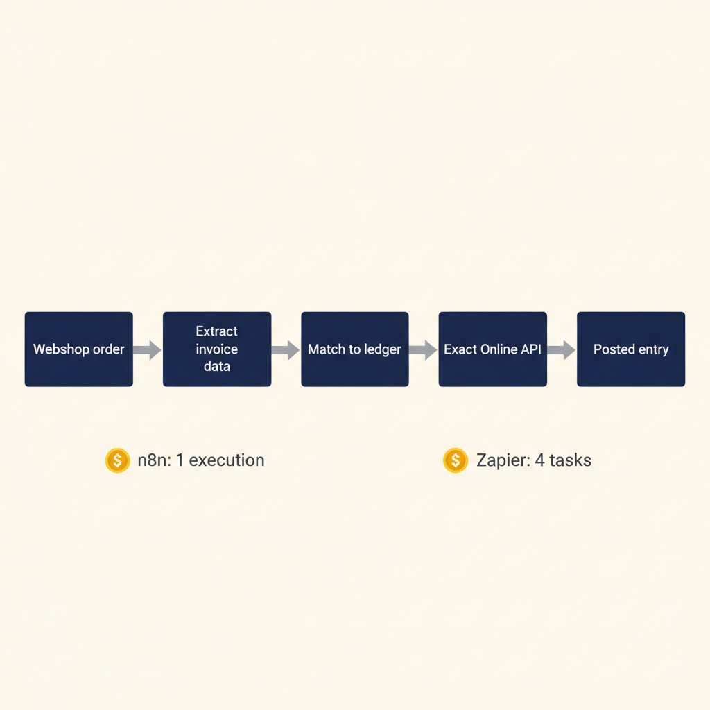 Process diagram of syncing 200 invoices per month from webshop to Exact Online, with cost comparison between n8n and Zapier