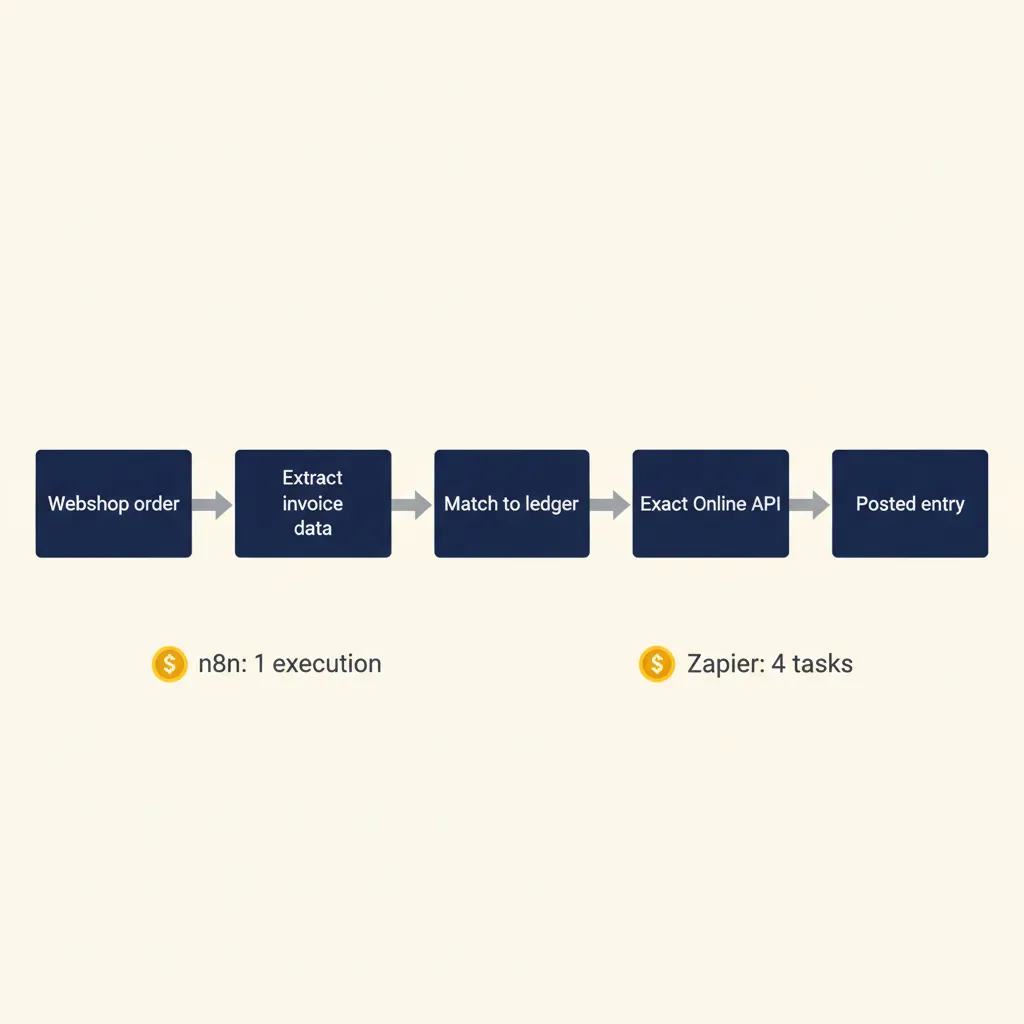Procesdiagram van 200 facturen per maand synchroniseren van webshop naar Exact Online, met kostenvergelijking tussen n8n en Zapier