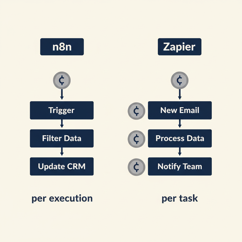 Comparison diagram showing n8n's per-execution billing versus Zapier's per-task billing, with coin icons illustrating the cost differences