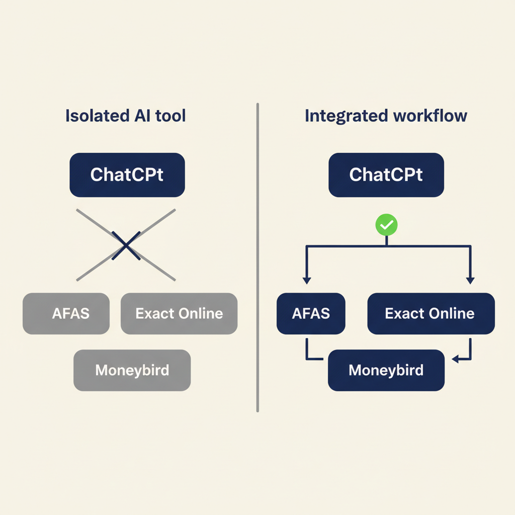 Comparison diagram: left shows isolated AI tool without connections, right shows integrated workflow with connections to AFAS, Exact Online and Moneybird