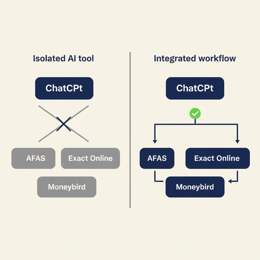 Vergelijkingsdiagram: links een geïsoleerde AI-tool zonder koppelingen, rechts een geïntegreerde workflow met verbindingen naar AFAS, Exact Online en Moneybird
