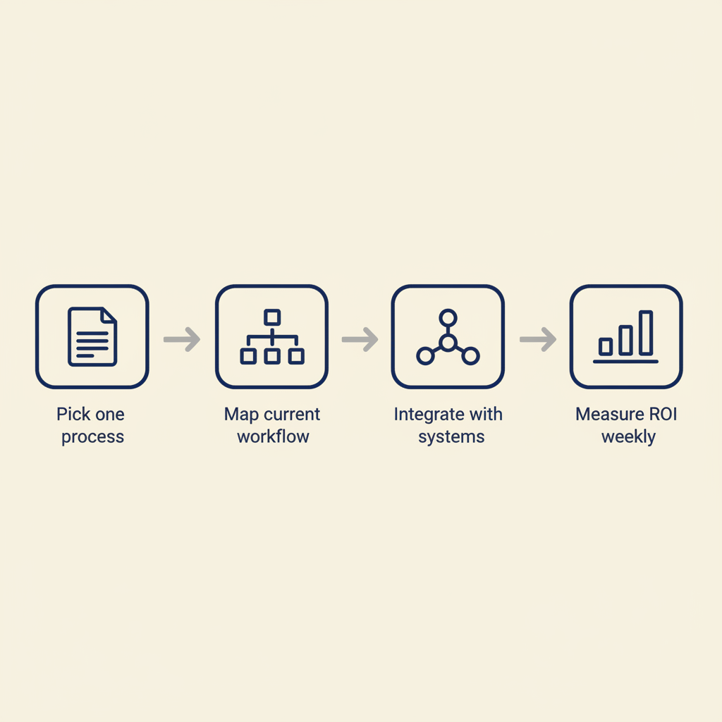 Four-step process diagram: pick one process, map current workflow, integrate with systems, measure ROI weekly