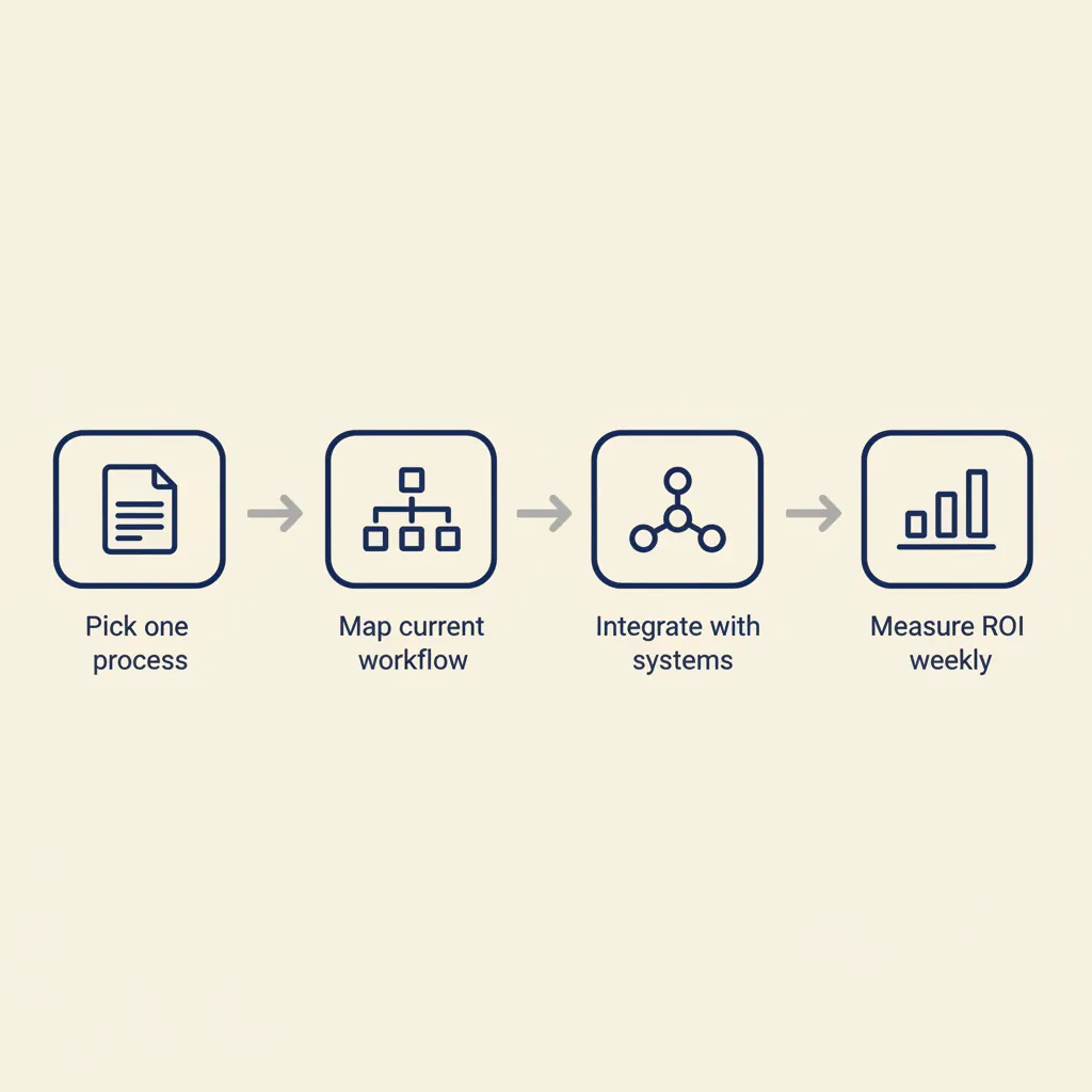 Vier-stappen procesdiagram: kies één proces, breng huidige workflow in kaart, integreer met systemen, meet ROI wekelijks