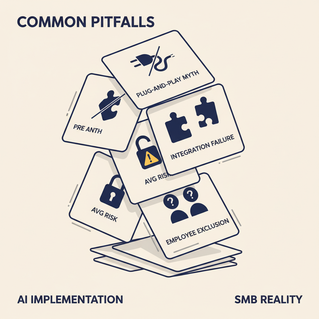 Seven stacked cards tilting like a collapsing house of cards, each showing an icon of a common AI mistake in SMBs