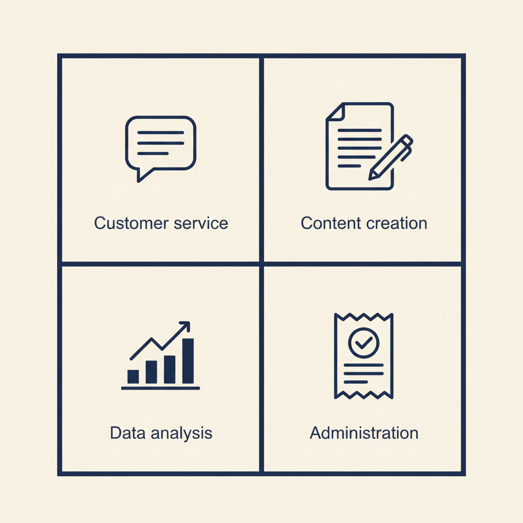 Four-quadrant diagram showing AI applications: customer service, content, data analysis and administration