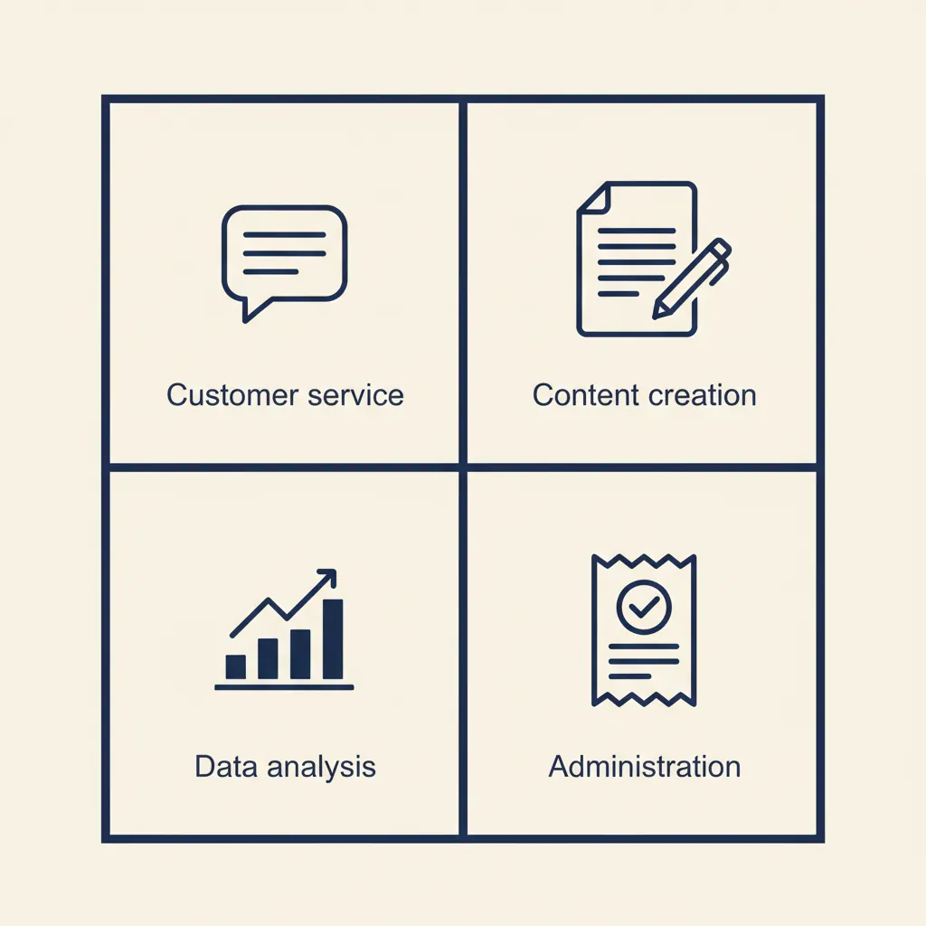 Vier-kwadrantendiagram met AI-toepassingen: klantenservice, content, data-analyse en administratie