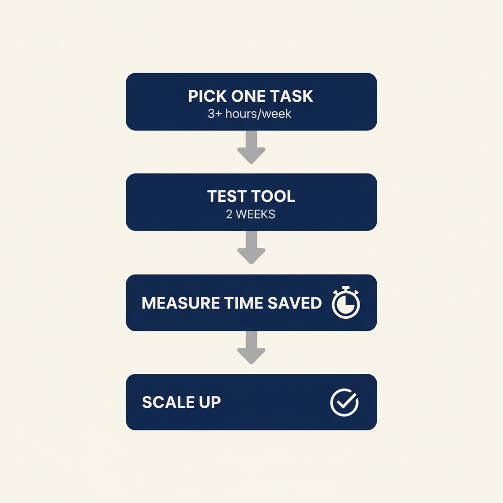 Step-by-step plan with four phases: pick task, test tool, measure time saved and scale up