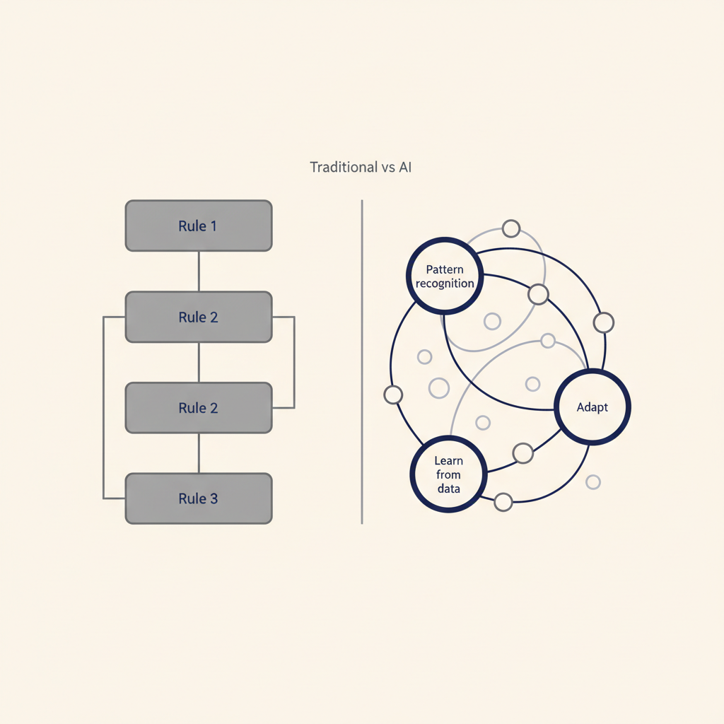 Comparison diagram showing traditional software with fixed rules versus AI with pattern recognition