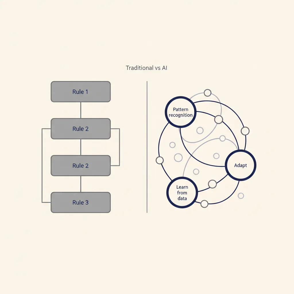 Vergelijkingsdiagram dat traditionele software met vaste regels tegenover AI met patroonherkenning toont