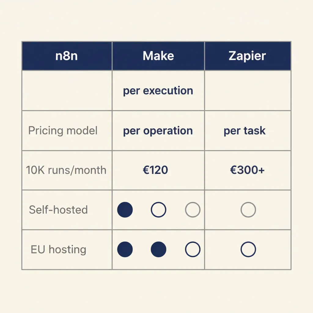 Vergelijkingstabel van n8n, Make en Zapier op prijsmodel, kosten, self-hosting en EU-hosting