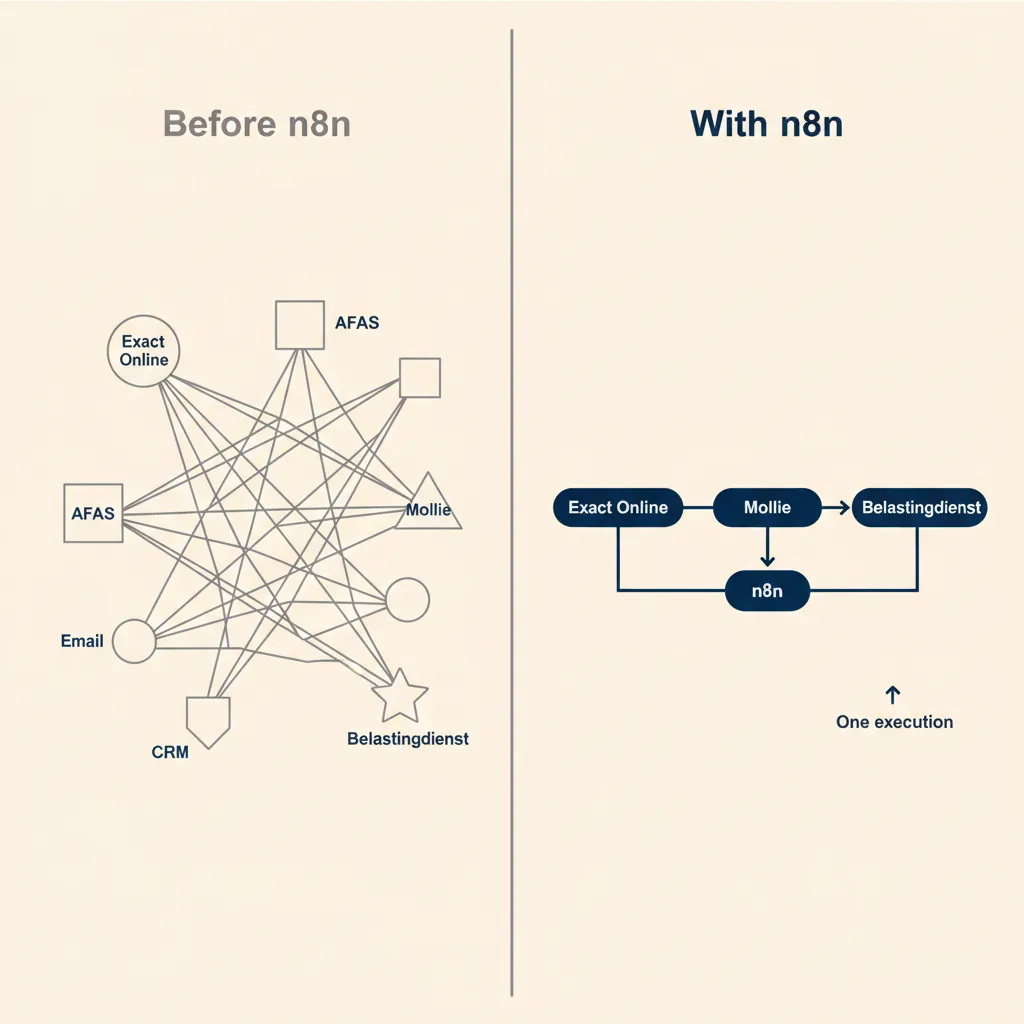 Vergelijking tussen chaotische handmatige integraties (links) en gestroomlijnde n8n workflow met nodes en pijlen (rechts)