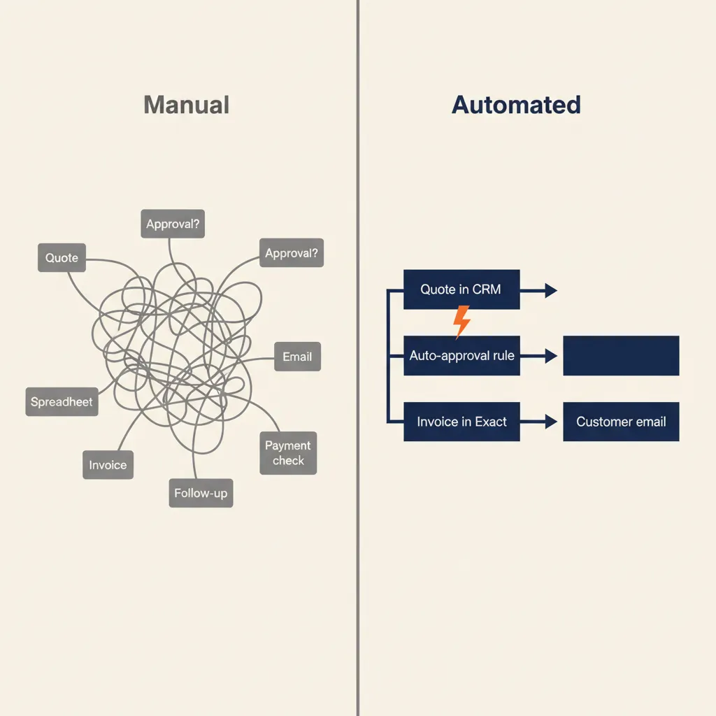 Voor-en-na vergelijking: links een chaotisch handmatig proces, rechts een gestroomlijnd geautomatiseerd proces