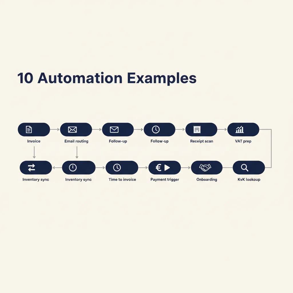 Tijdlijn met 10 verbonden workflow-automatisering voorbeelden, van facturatie tot KvK-validatie
